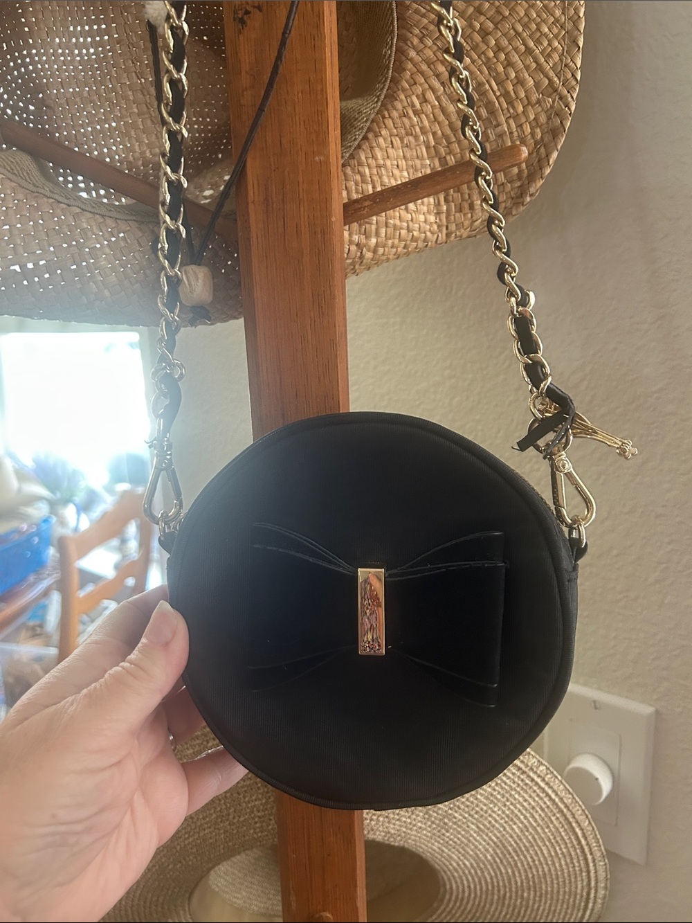 Miss KG Black Round Crossbody with Bow and Gold Chain- Kurt Geiger